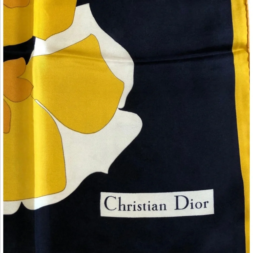 Vintage Christian Dior Square Silk Scarf Navy Blue, Yellow & White 32